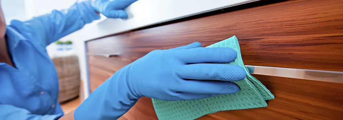 Cleaner wearing blue gloves wiping a wooden cabinet drawer with a microfiber cloth for dust and grime removal, Jacksonville, FL.